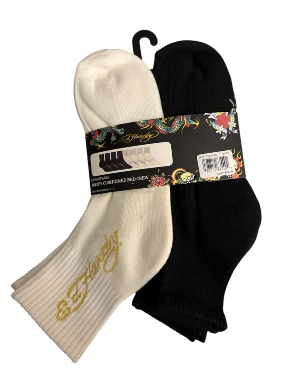 Ed Hardy Black & White Mid Crew Socks 8 Pack NWT - Picture 2 of 3